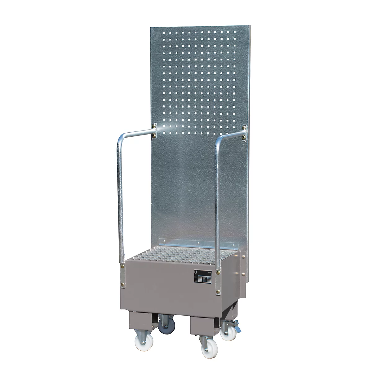 Bac de rétention mobile avec panneau perforé, en acier, capacité 1 fût de 60 L, gris