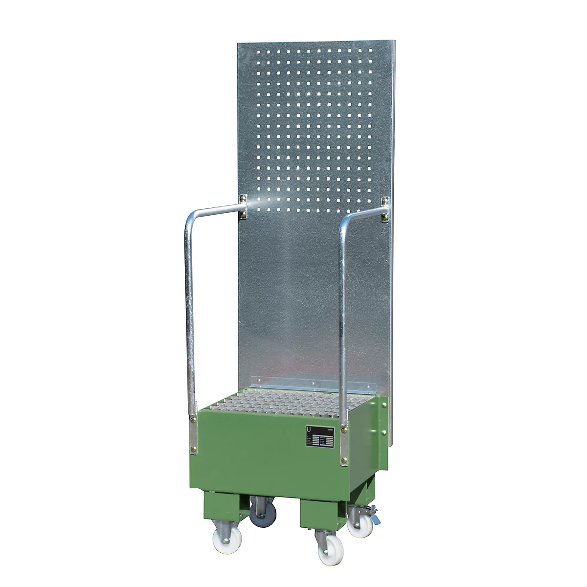 Bac de rétention mobile avec panneau perforé, en acier, capacité 1 fût de 60 L, vert