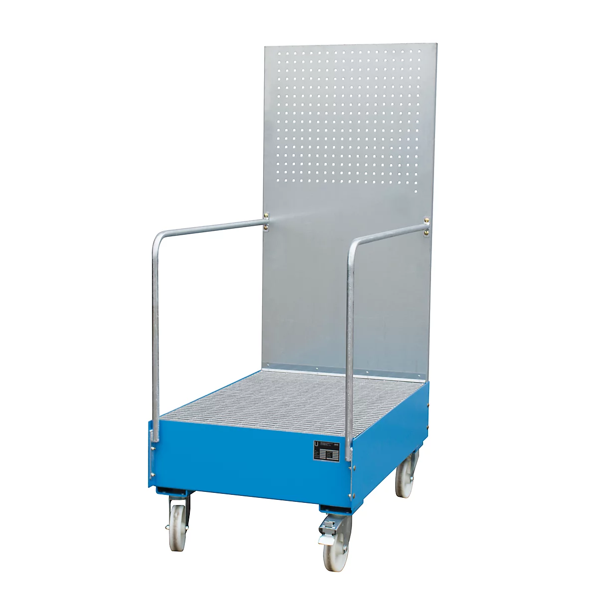 Bac de rétention mobile avec panneau perforé, en acier, capacité 2 fûts de 200 L, bleu laqué