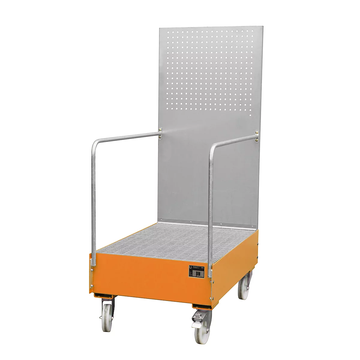Bac de rétention mobile avec panneau perforé, en acier, capacité 2 fûts de 200 L, orange laqué