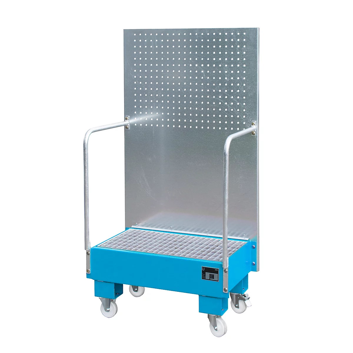 Bac de rétention mobile LPW 60-2, avec panneau perforé, en acier, capacité 2 fûts de 60 L, bleu