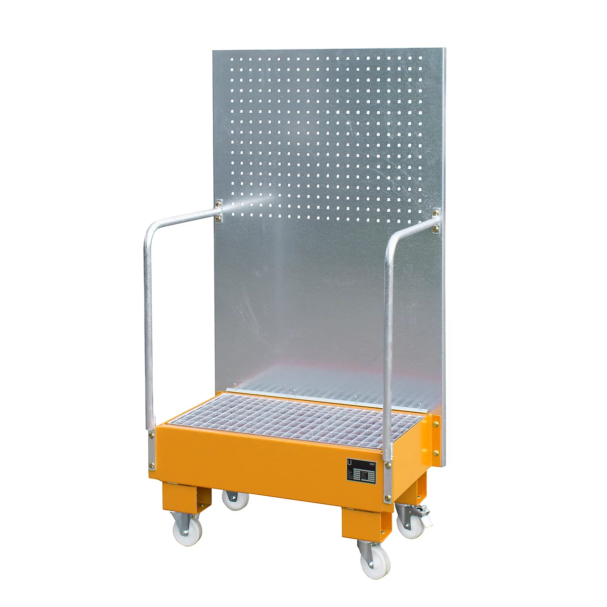Bac de rétention mobile LPW 60-2, avec panneau perforé, en acier, capacité 2 fûts de 60 L, orange