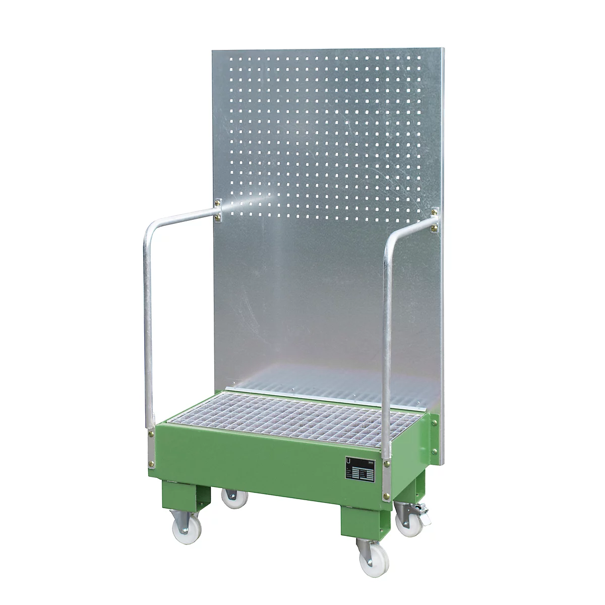 Bac de rétention mobile LPW 60-2, avec panneau perforé, en acier, capacité 2 fûts de 60 L, vert