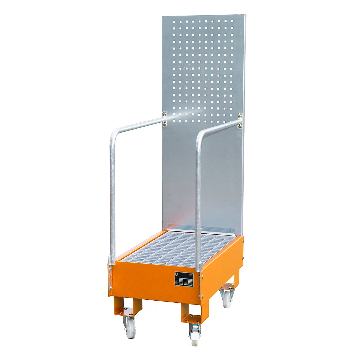 Bac de rétention mobile LPW 60-3, avec panneau perforé, en acier, capacité 2 fûts de 60 L, orange