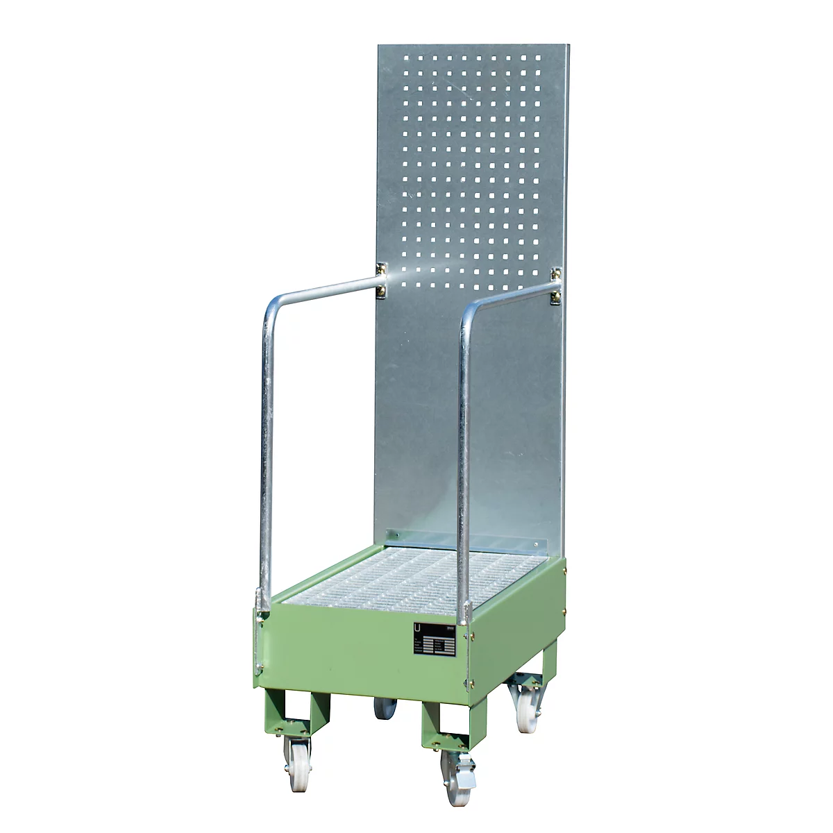 Bac de rétention mobile LPW 60-3, avec panneau perforé, en acier, capacité 2 fûts de 60 L, vert