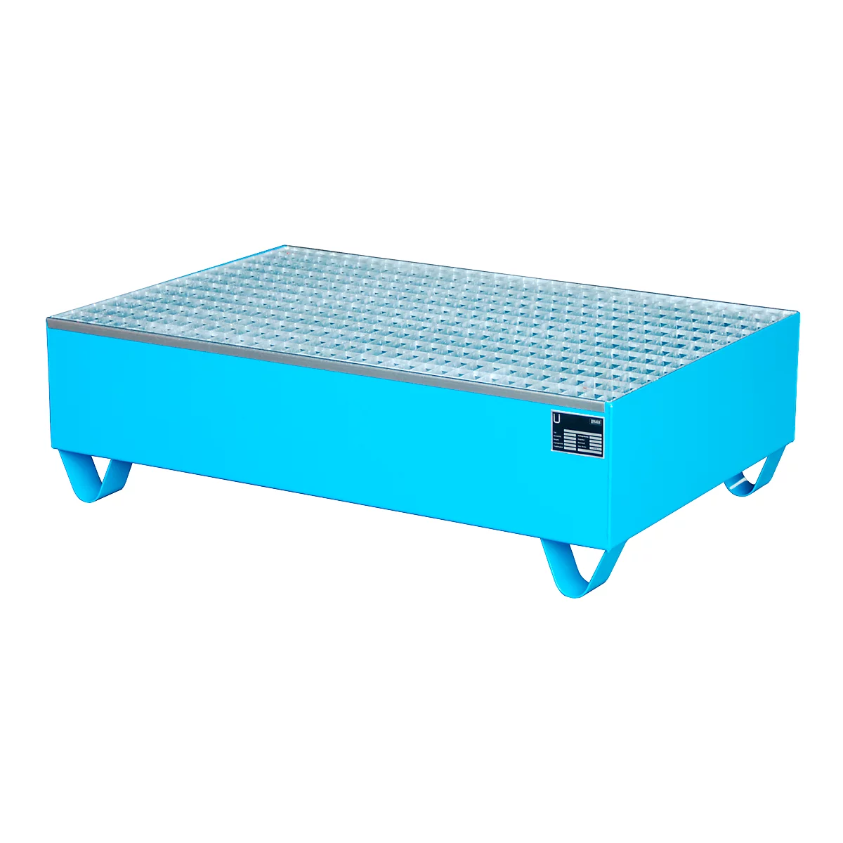 Bac de rétention, pour 2 fûts de 200 l, avec grille galvanisée, L 1200 x l 800 x H 360 mm, accessible par le bas, acier, bleu clair RAL 5012
