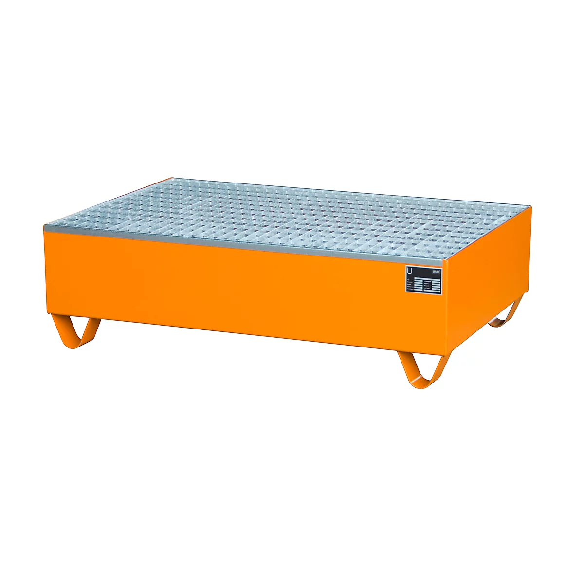 Bac de rétention, pour 2 fûts de 200 l, avec grille galvanisée, L 1200 x l 800 x H 360 mm, accessible par le dessous, acier, jaune-orange RAL 2000