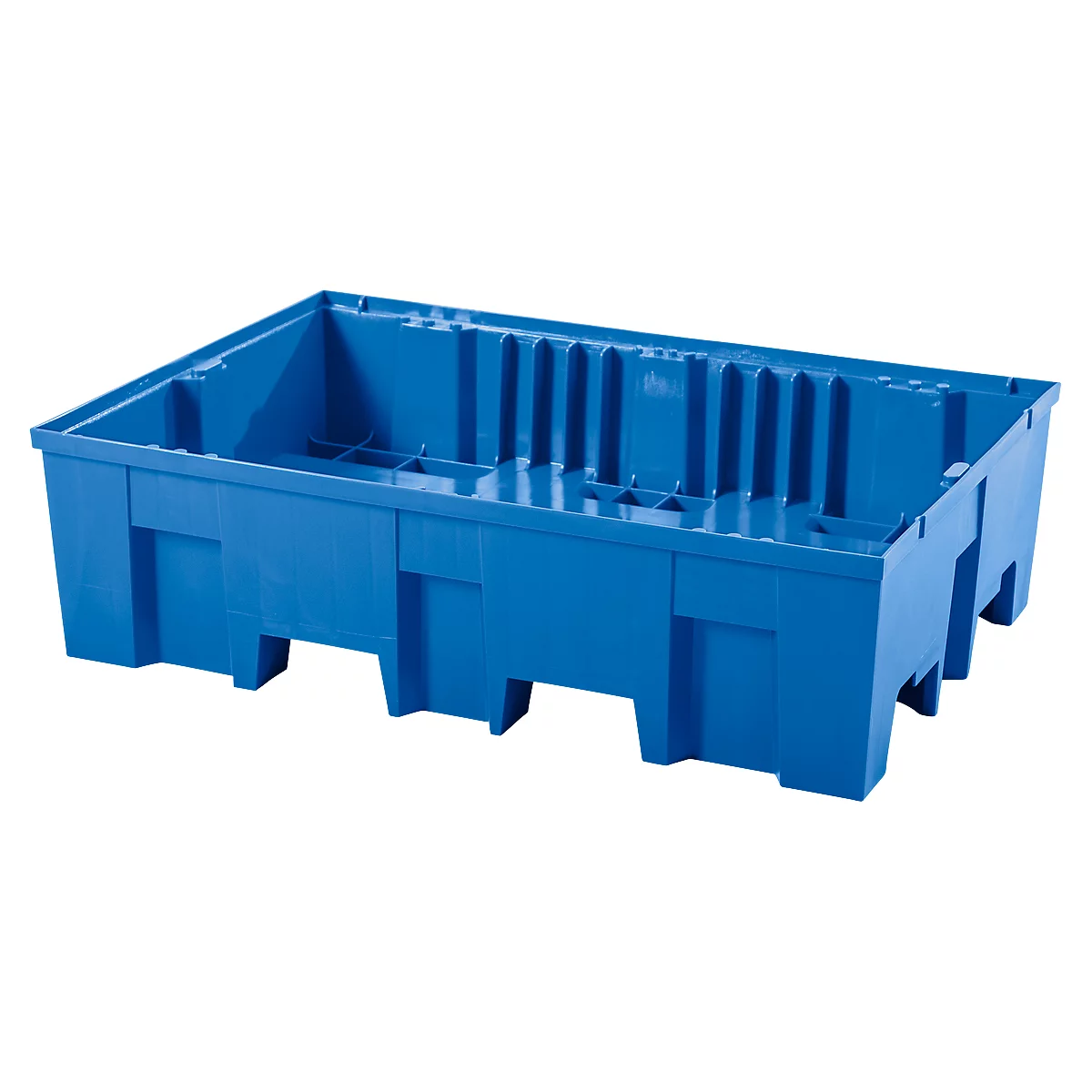 Bac de rétention, pour 2 fûts de 200 l, avec ouvertures pour transpalette, L 865 x P 1245 x H 350 mm, sans grille, polyéthylène, bleu