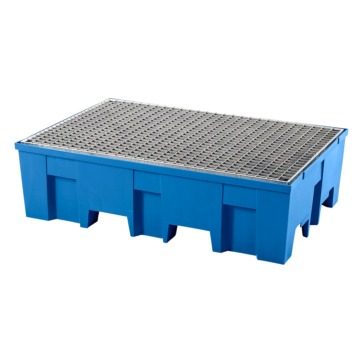 Bac de rétention, pour 2 fûts de 200 l chacun, avec ouvertures pour transpalette, L 865 x P 1245 x H 350 mm, avec grille galvanisée, polyéthylène, bleu