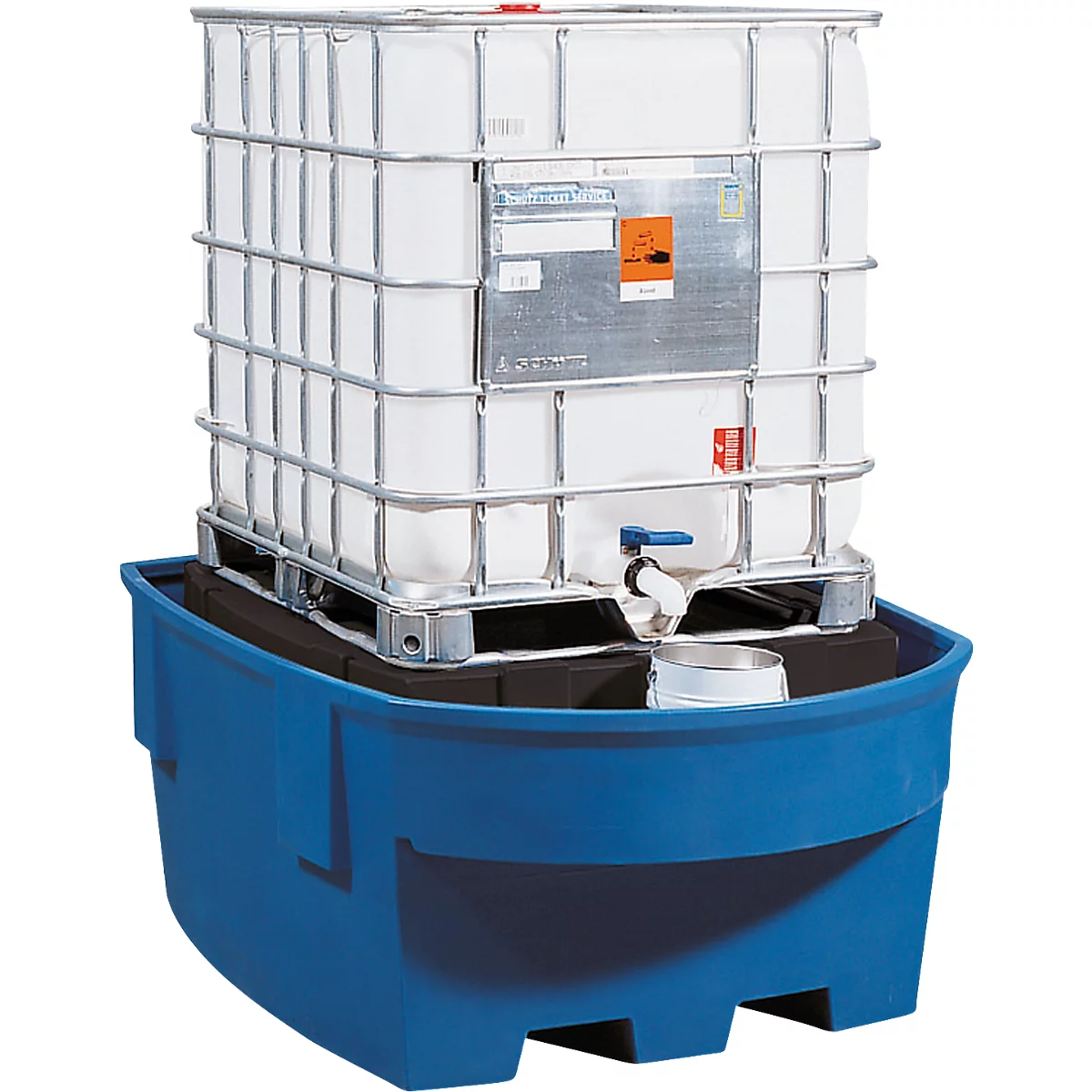 Bac de rétention pour IBC - LDPE - 1100 litres - L 1380 x P 1800 x H 760 mm - avec bloc de montage et poste de soutirage - bleu