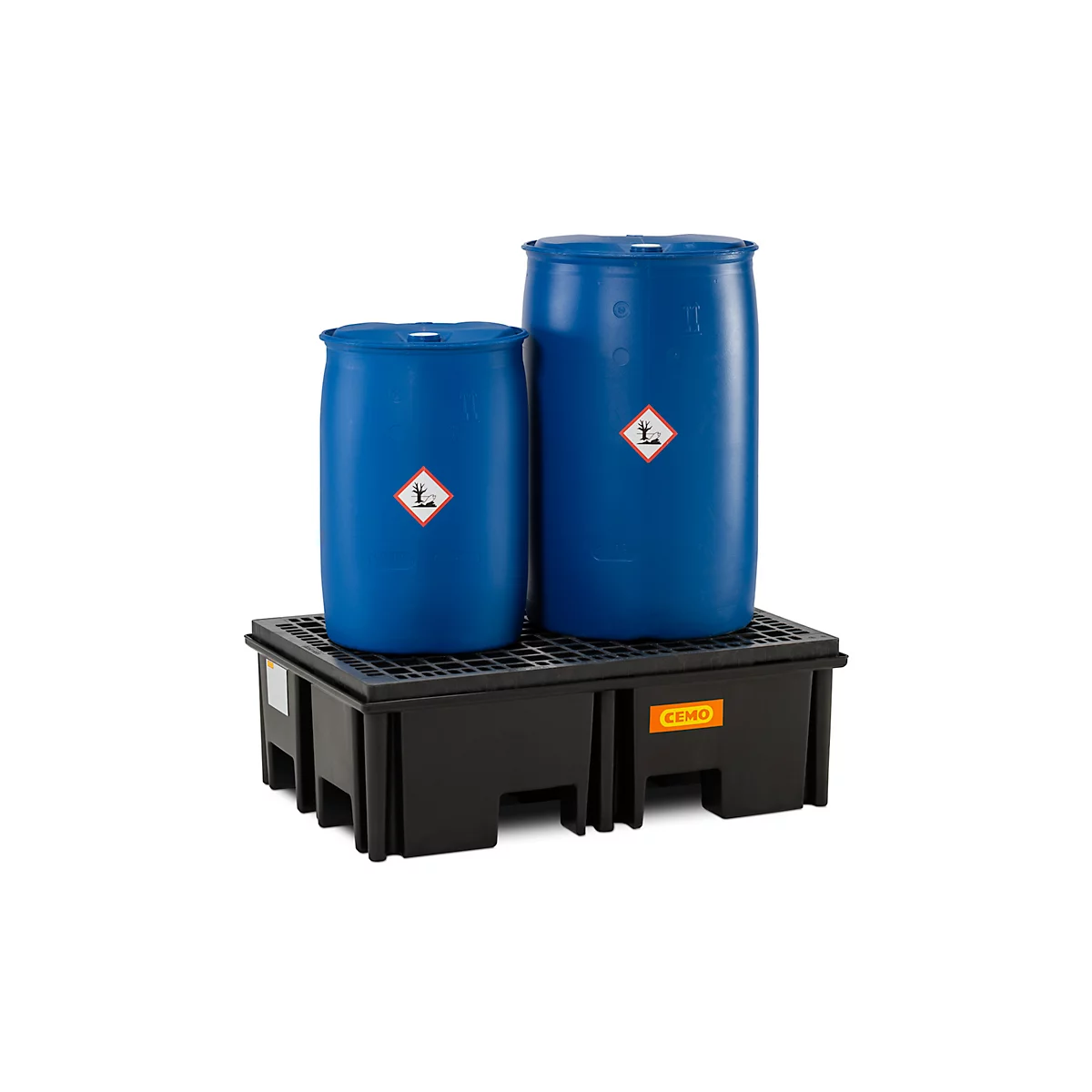 Bac de rétention pour palette PE CEMO 220/2 pour 1 palette Euro, L 1230 x l 830 x H 390 mm, 220 l, pour 2 fûts de 200 l, caillebotis PE