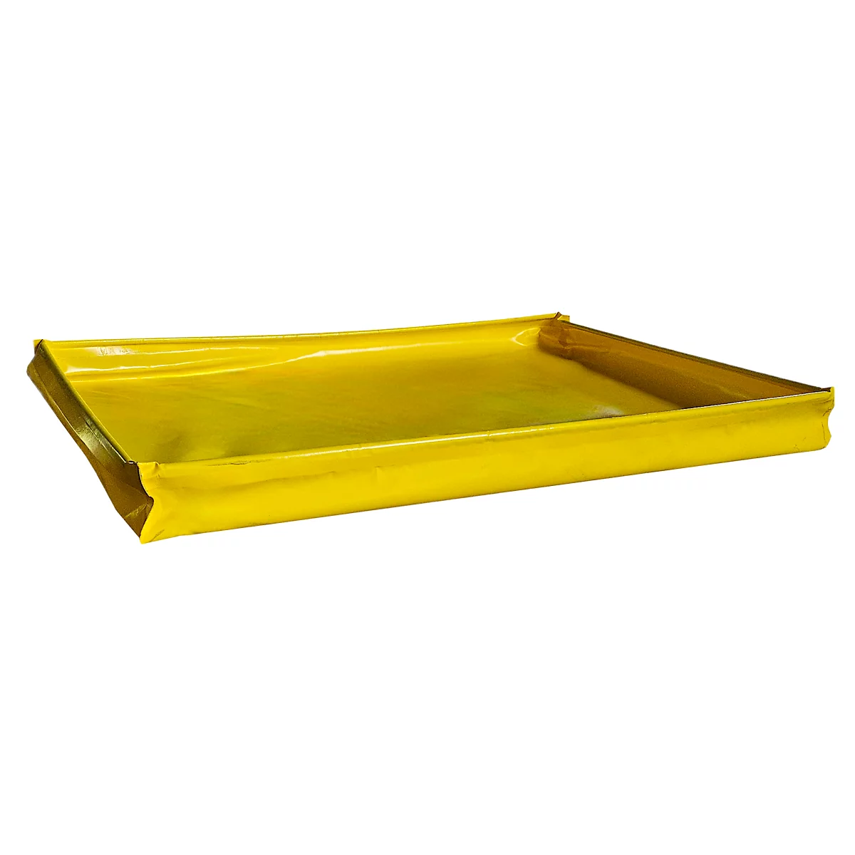 Bac de rétention jaune rectangulaire avec des côtés relevés. Sur fond blanc.
