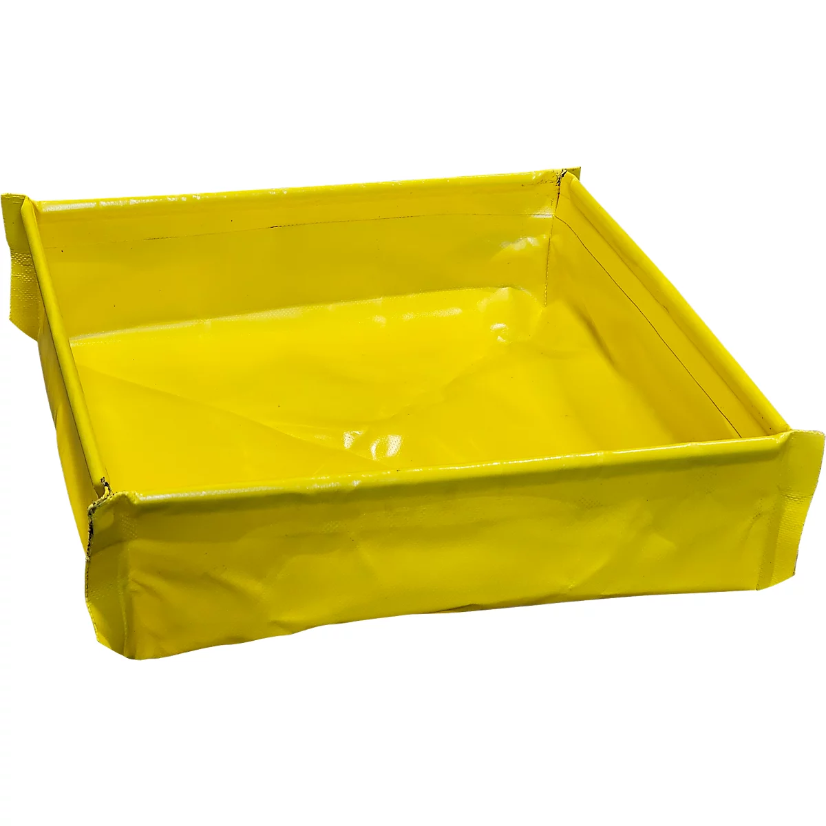 Bac de récupération jaune, rectangulaire, plié. Bords pliés.
