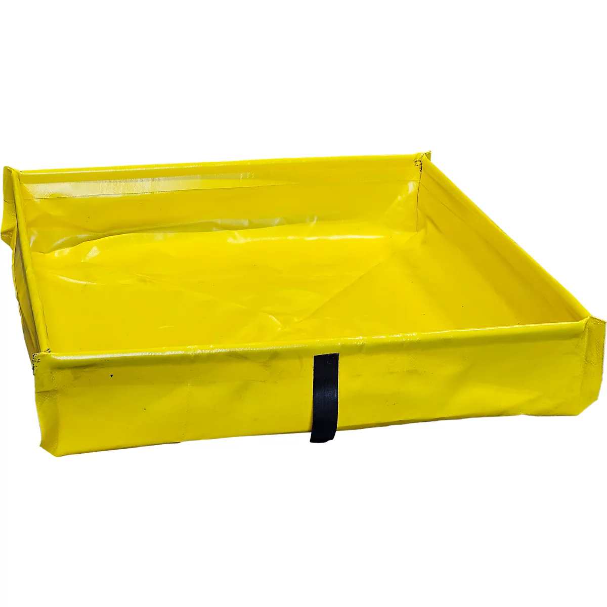 Bac jaune rectangulaire avec sangles noires. Intérieur libre.