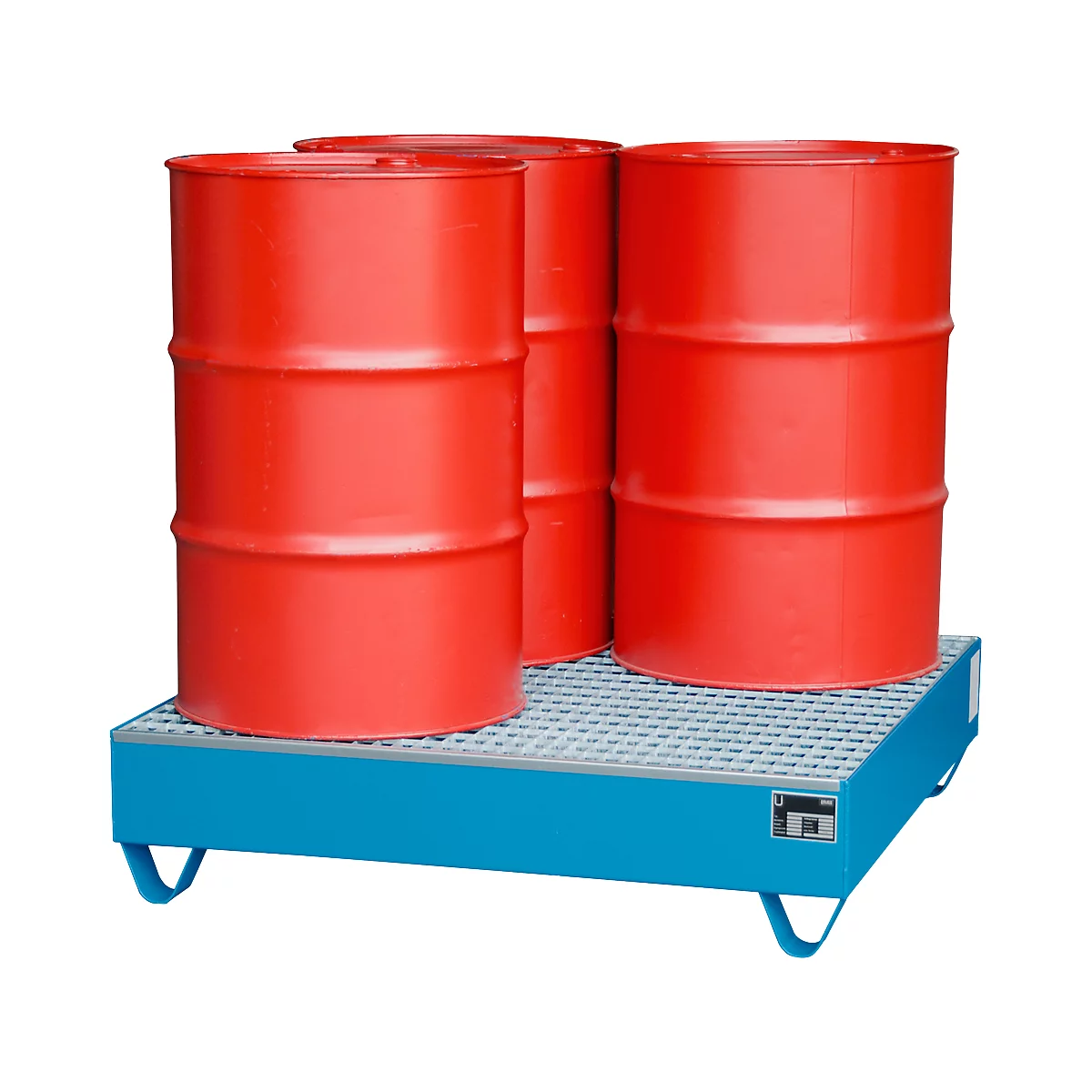 Bac de rétention série 2000 - acier - 216 litres - pour 4 fûts de 200 l - L 1200 x l. 1200 x H 285 mm - avec caillebotis - bleu RAL 5012