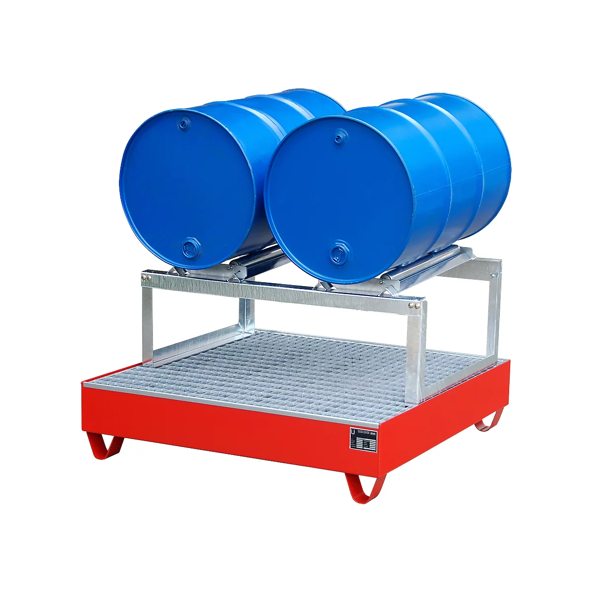 Bac de rétention série 2000 - acier - 216 litres - pour 4 fûts de 200 l - L 1200 x l. 1200 x H 285 mm - avec caillebotis - rouge RAL 3000