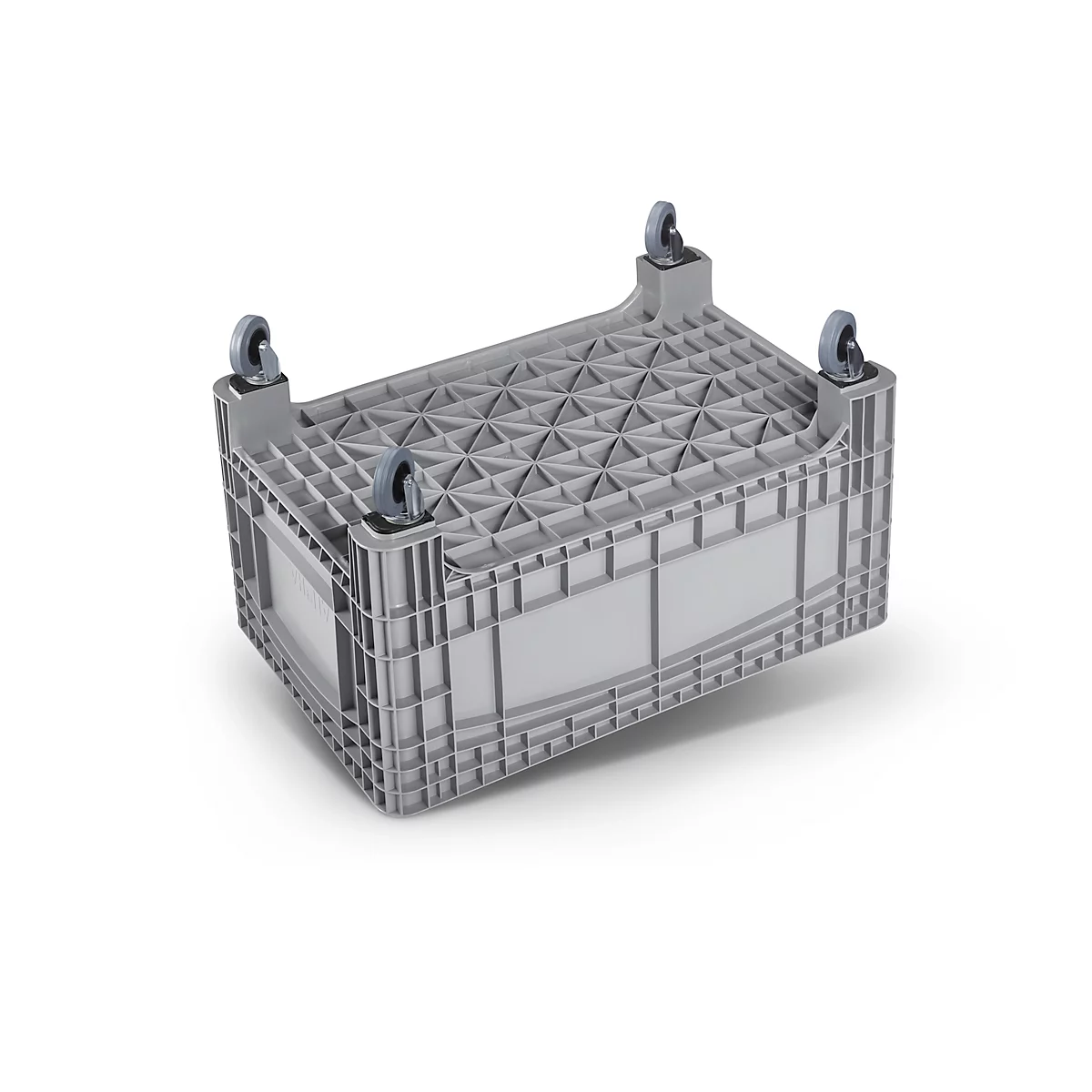 Bac de transport gris avec roues. Le dessus est orné de motifs triangulaires.
