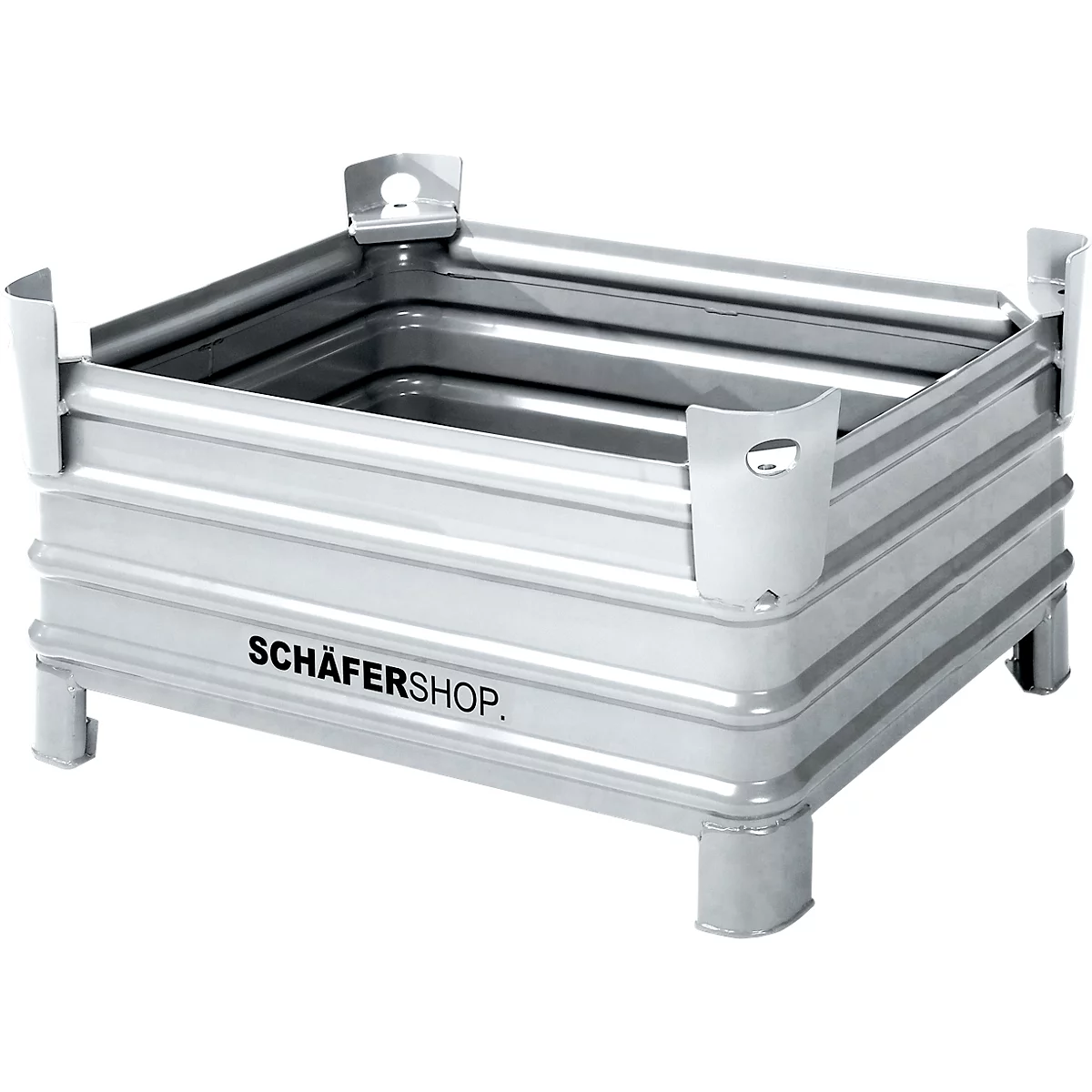Conteneur métallique avec pieds, bords arrondis et l'inscription SCHÄFERSHOP.