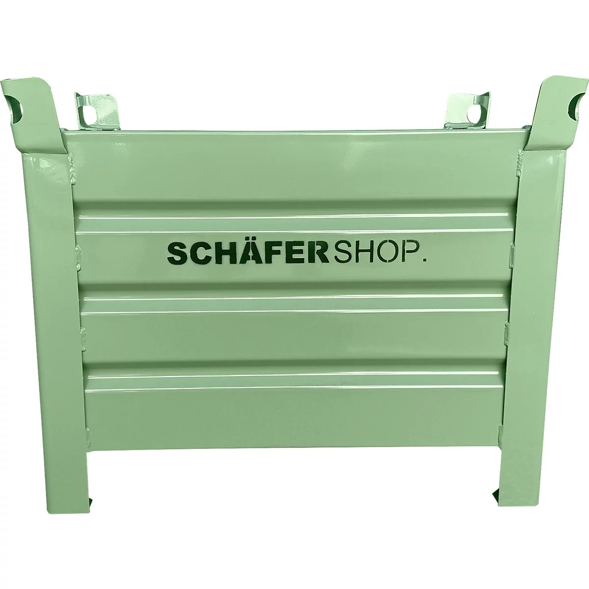Conteneur métallique vert clair avec des entretoises horizontales et l'inscription SCHÄFERSHOP.