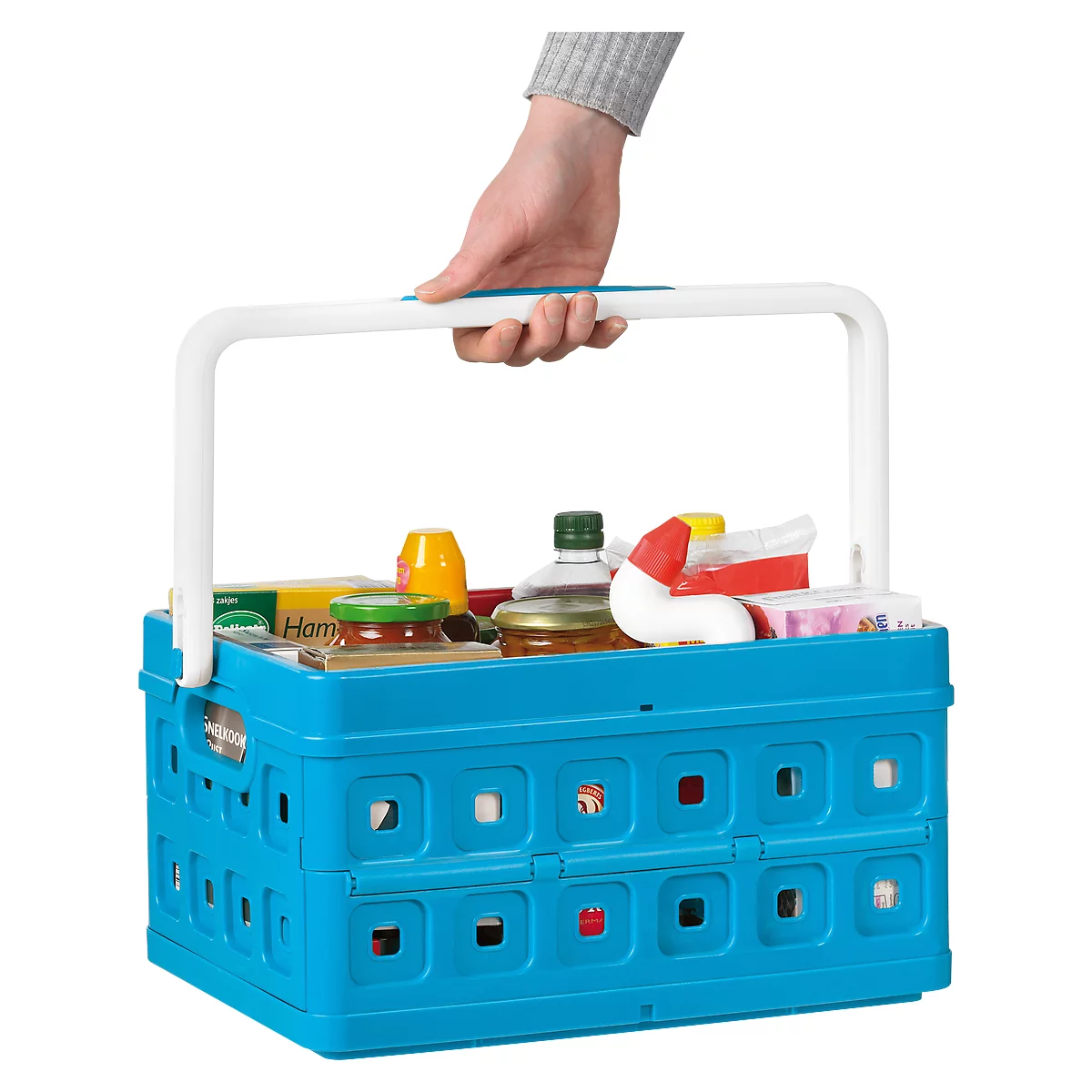 Bac de transport pliant Square Sunware, L 435 x l. 310 x H 213 mm, 24 litres, avec poignées et hanse, bleu/blanc