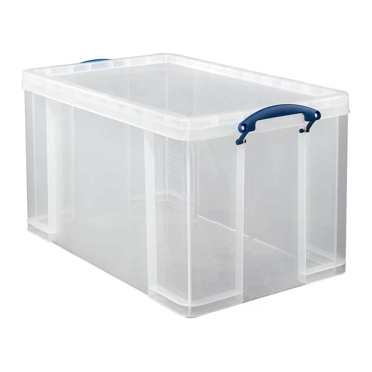 Boîte en plastique transparente avec poignée bleue.