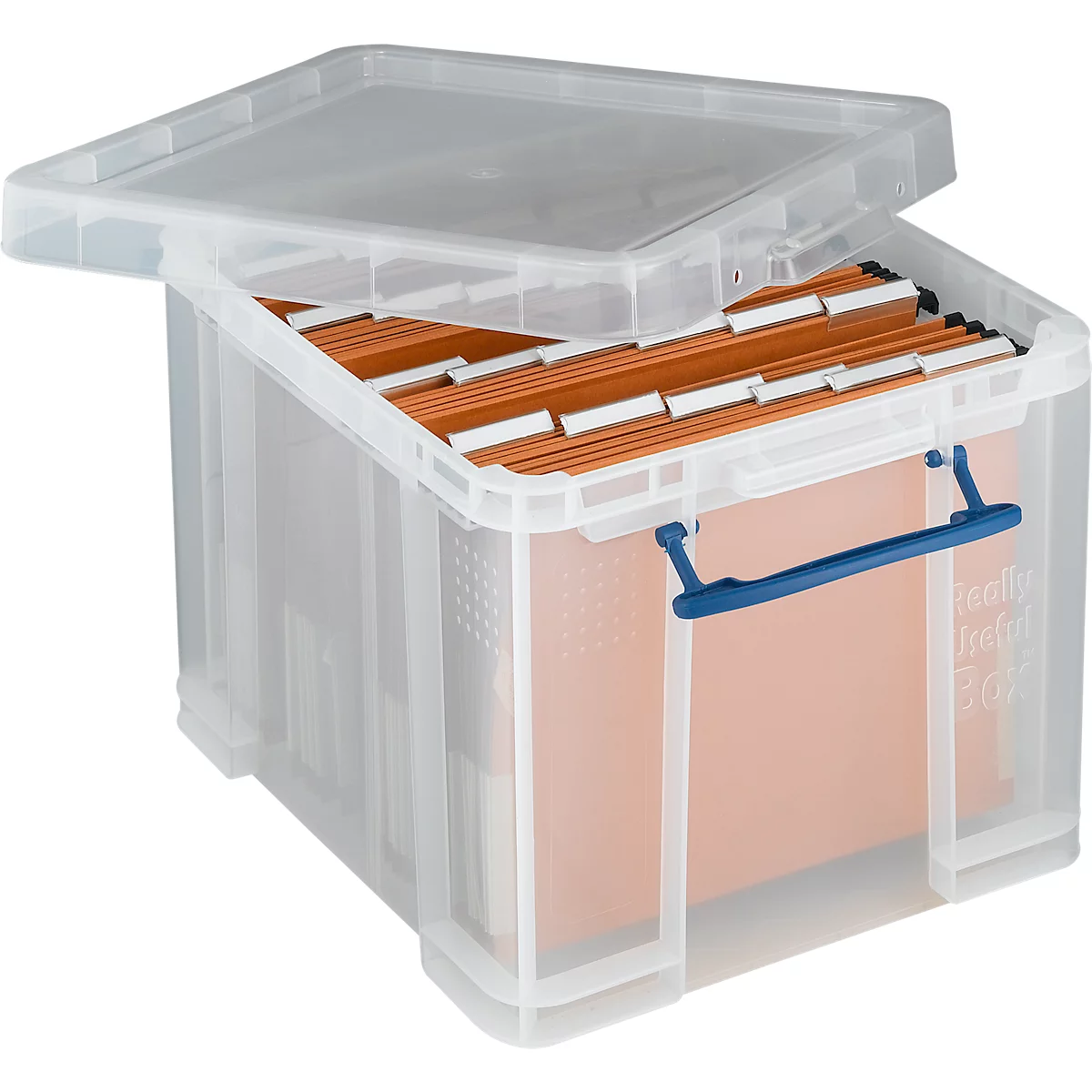 Boîte de rangement transparente avec poignées bleues et couvercle ouvert, remplie de dossiers.