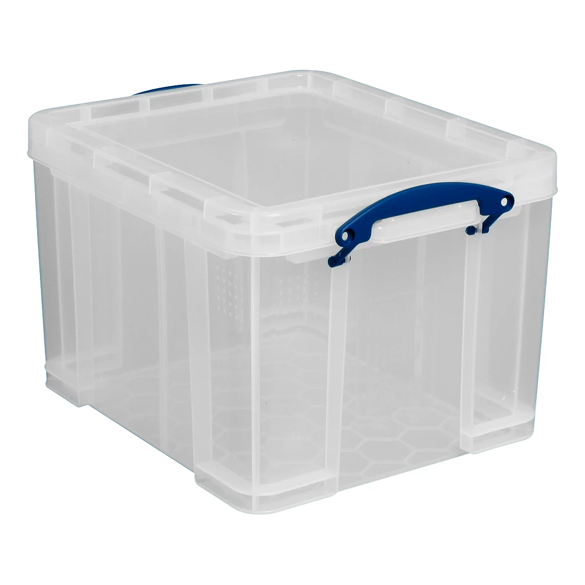 Boîte en plastique transparent avec couvercle et poignée bleue.