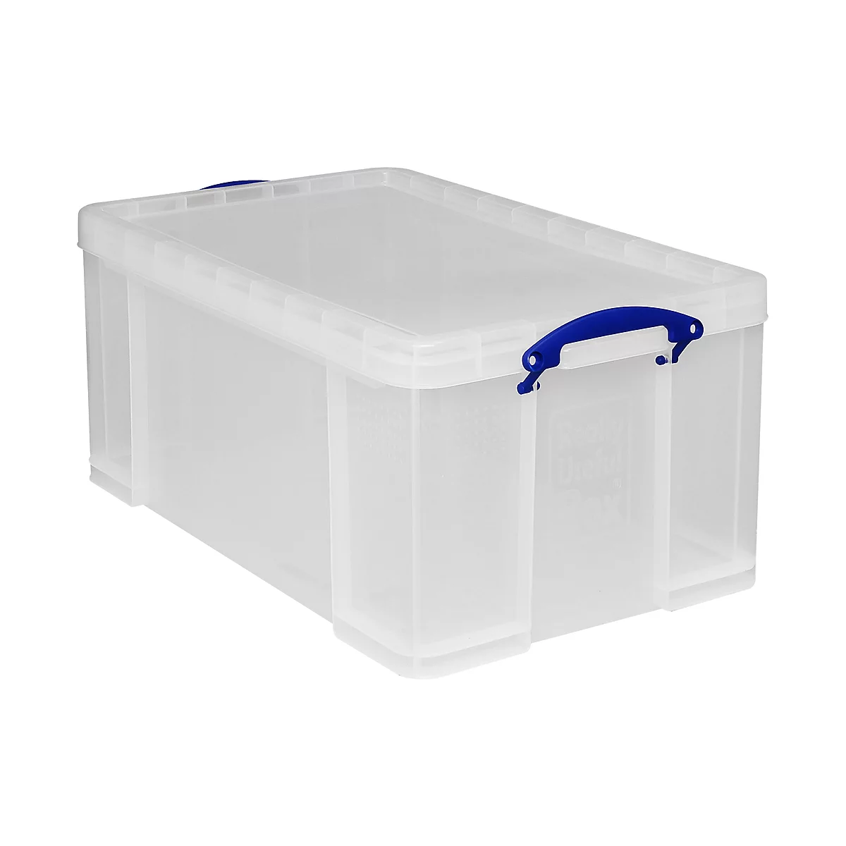 Boîte en plastique transparent avec poignée et couvercle bleus.
