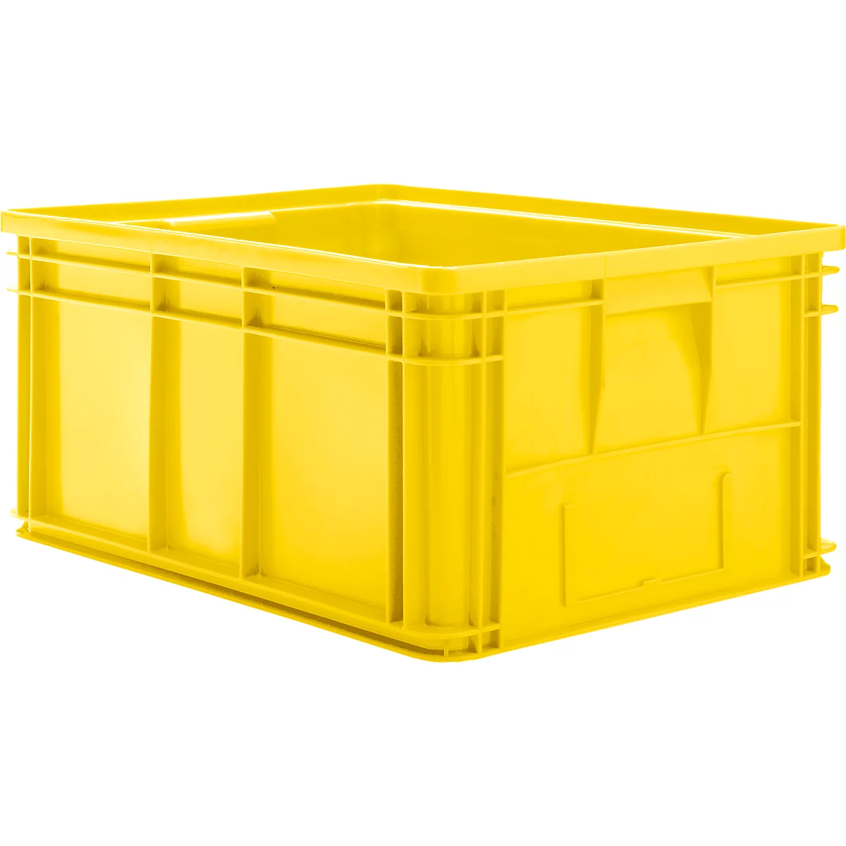 Boîte en plastique jaune avec poignées. Rectangulaire avec côtés nervurés et coins renforcés.