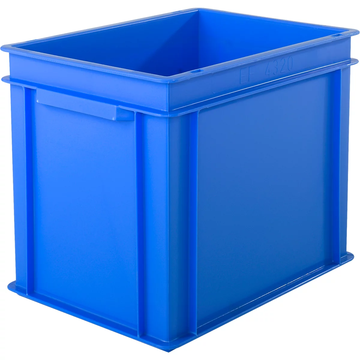 Caisse en plastique bleu. Forme rectangulaire, dessus ouvert, avec poignées encastrées, posée sur une surface plane.