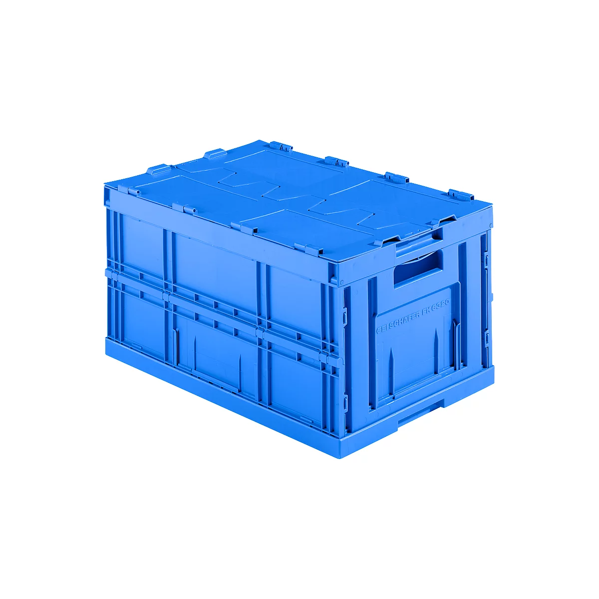 Boîte en plastique pliable bleue, avec couvercle et poignées de transport.