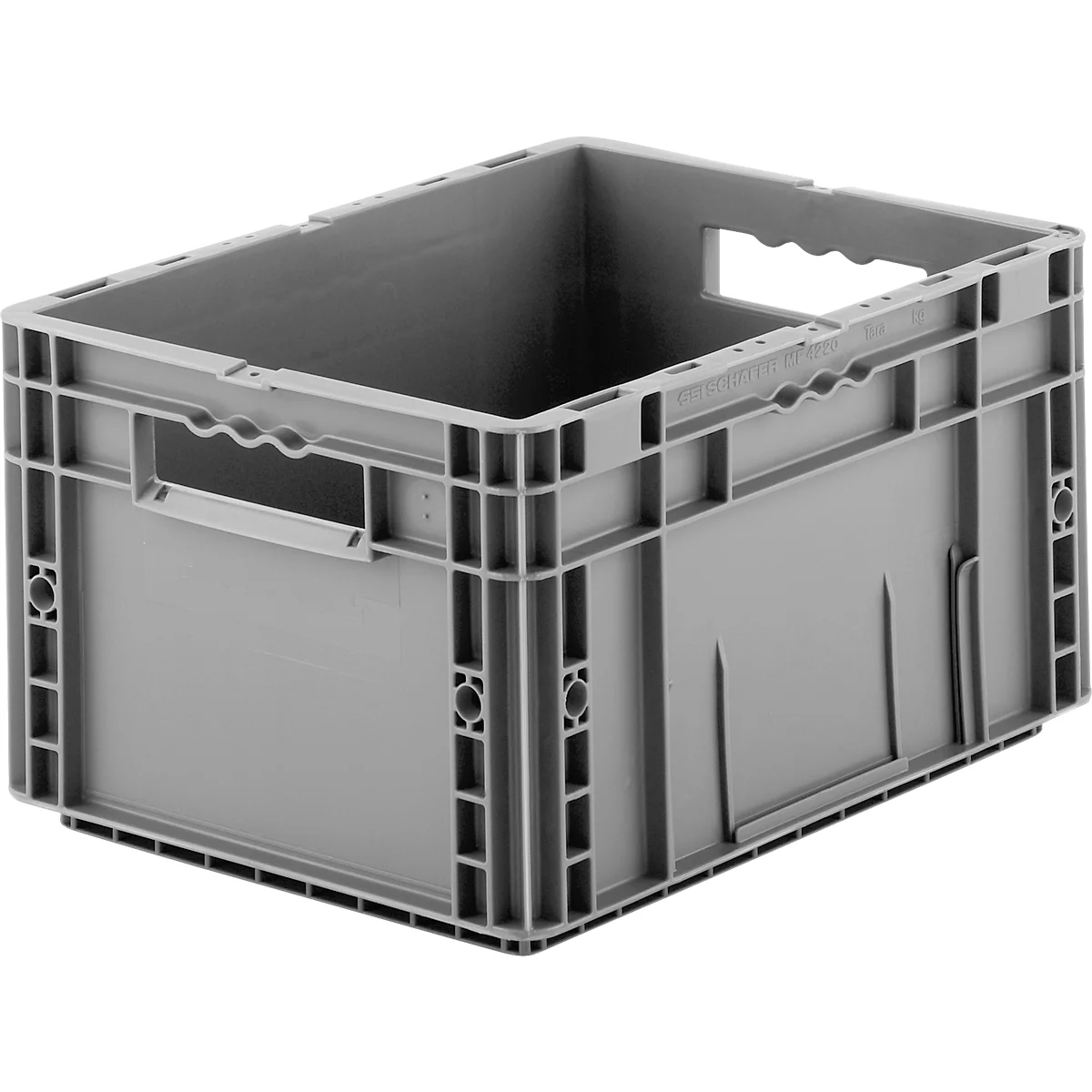 Boîte en plastique grise avec poignées et forme rectangulaire. Vue détaillée du bord supérieur et des découpes latérales.