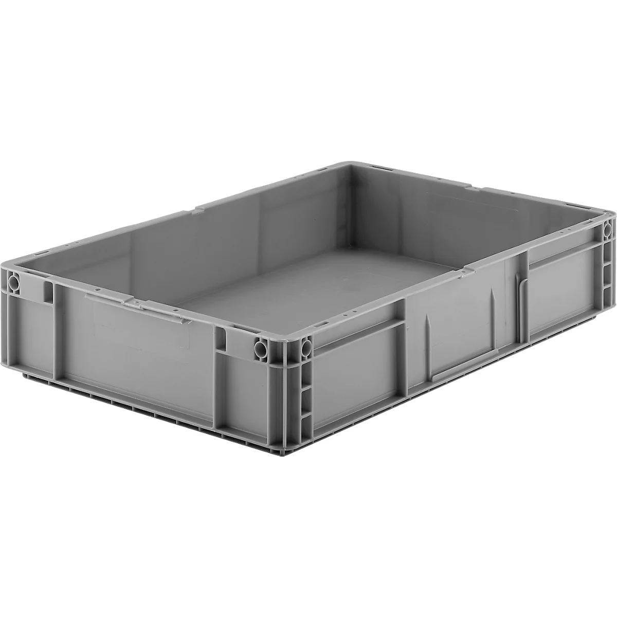 Un bac de rangement rectangulaire en plastique gris avec des bords renforcés, vu de dessus.