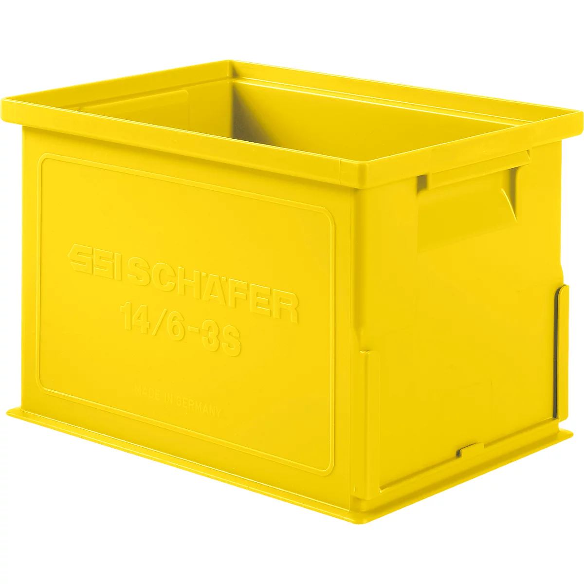 Boîte en plastique jaune avec "SEISCHÄFER" et un numéro de produit. Encoches sur le côté pour les poignées.