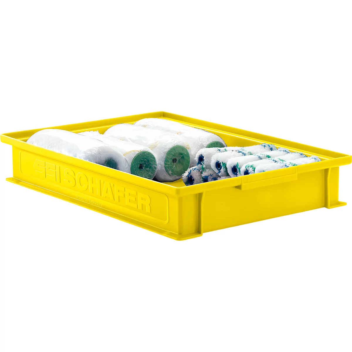 Boîte en plastique jaune avec rouleaux de peinture, prêts à peindre. Inscription : SCHIESSER.