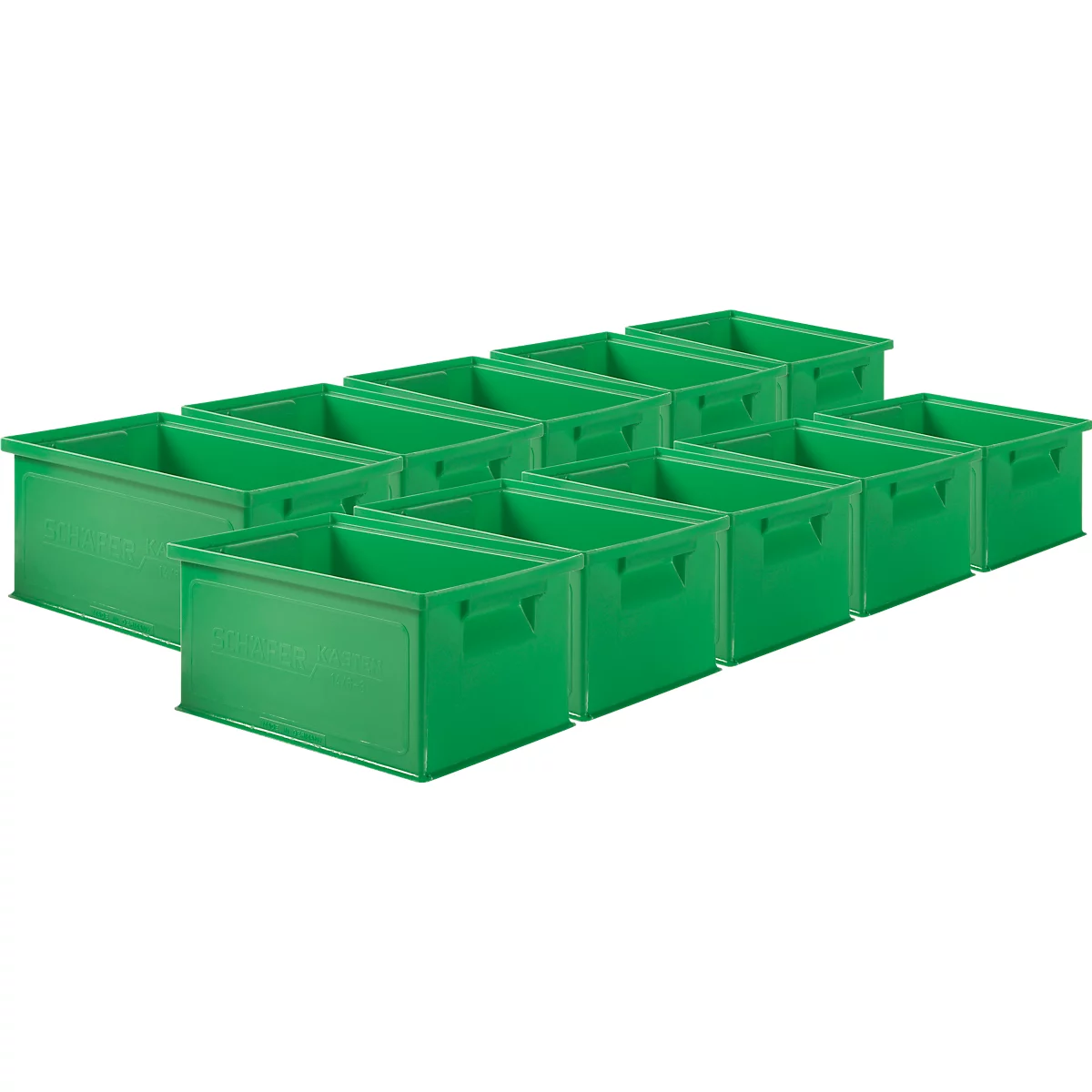 Image de 12 boîtes en plastique vertes avec des poignées.
