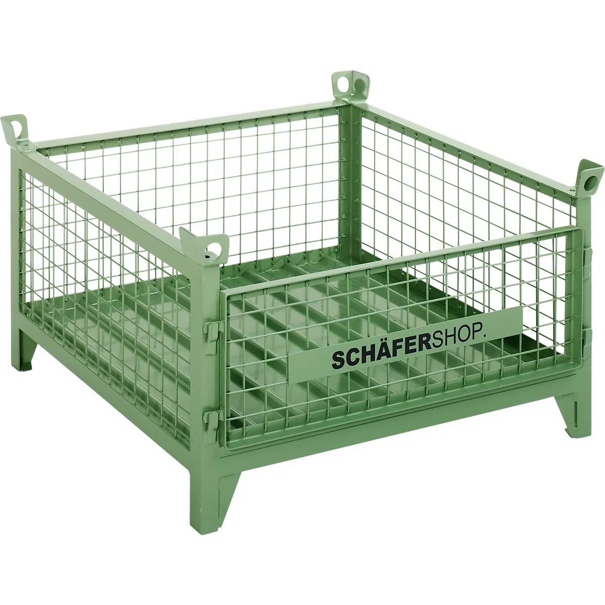 Conteneur métallique vert avec des côtés en treillis. 'SCHÄFERSHOP' est écrit sur le côté.