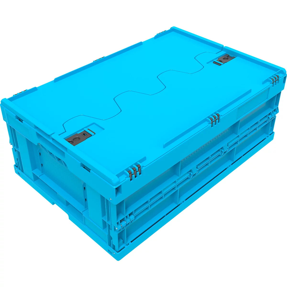 Boîte en plastique bleu clair, rectangulaire, pliée, avec couvercle et fermetures. Détails de la construction visibles.