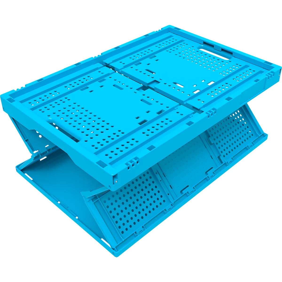 Bac de transport bleu-turquoise pliable. La boîte est à moitié ouverte. Il y a des trous sur le dessus.