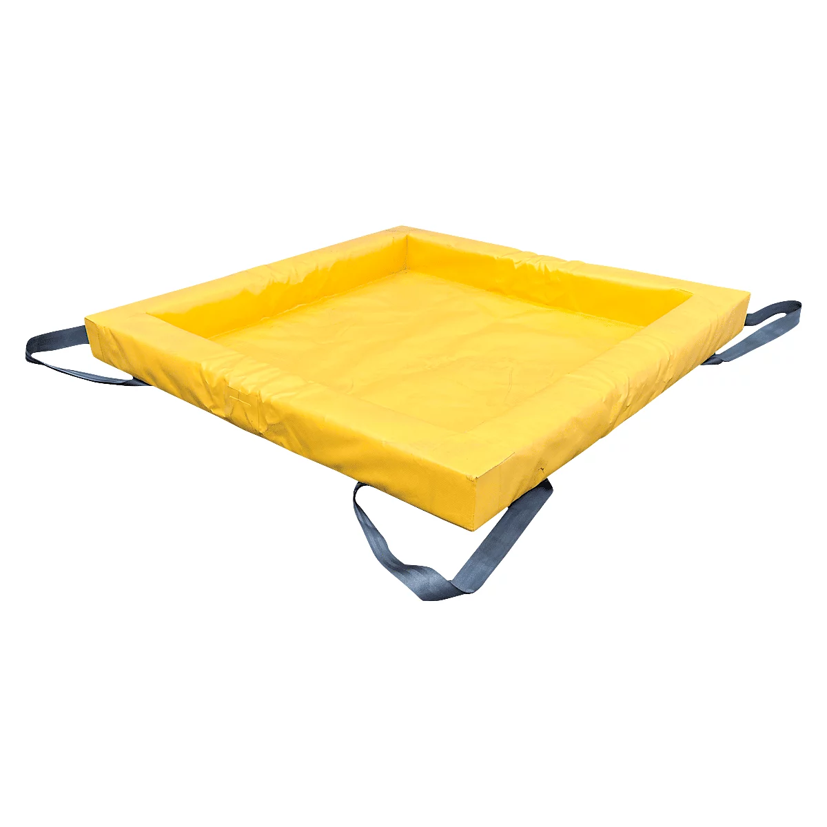 Bac rectangulaire jaune avec des poignées en boucle grises. Le bac a un bord surélevé.