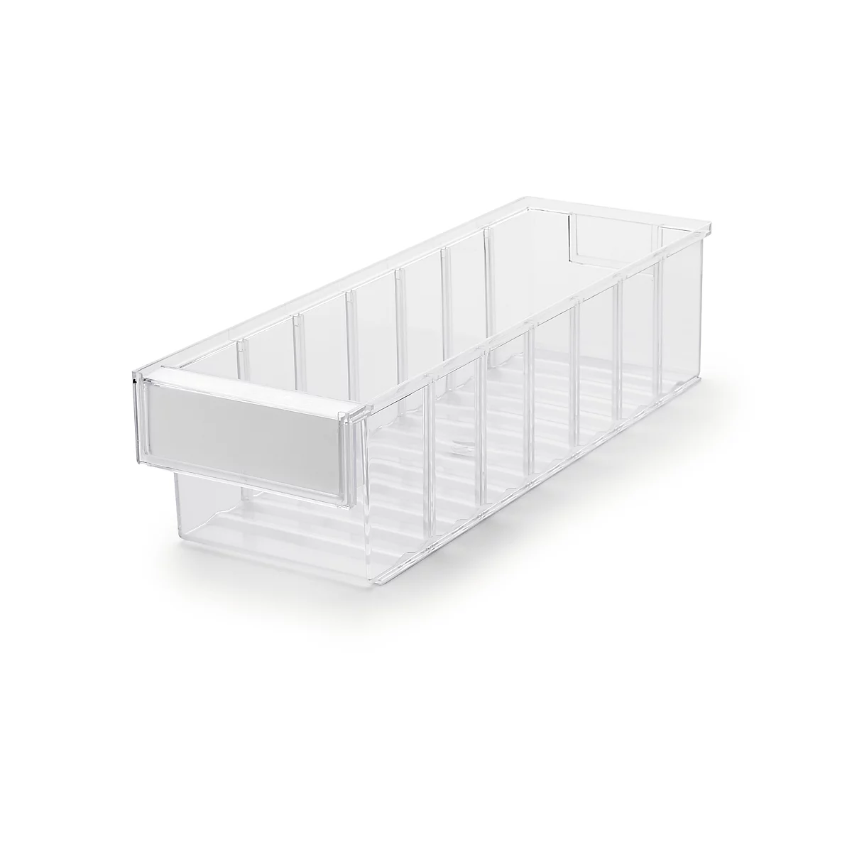 Bac de rangement en plastique transparent avec étiquette sur le devant, sur fond blanc.