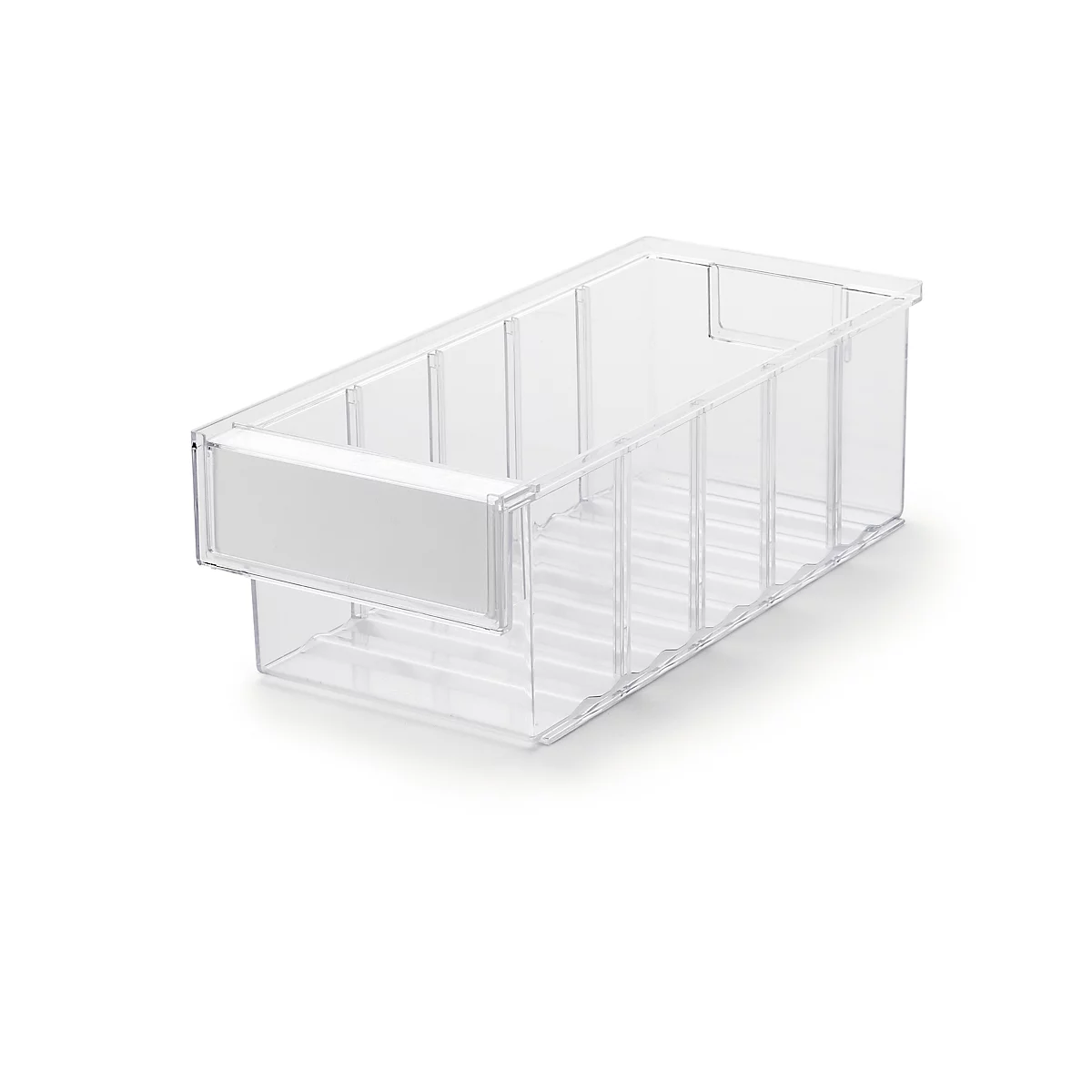 Bac de rangement rectangulaire et transparent en plastique avec porte-étiquette sur le devant.