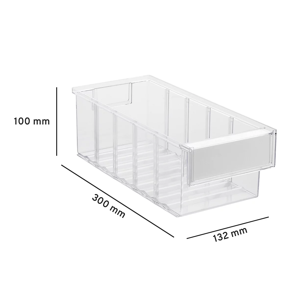 Boîte de tiroir transparente avec dimensions : 300 mm de longueur, 132 mm de largeur, 100 mm de hauteur.