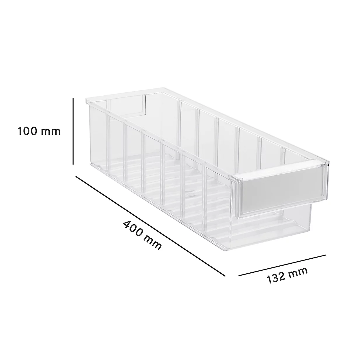 Bac de rangement transparent en plastique avec dimensions indiquées : 400 mm de longueur, 132 mm de largeur, 100 mm de hauteur.