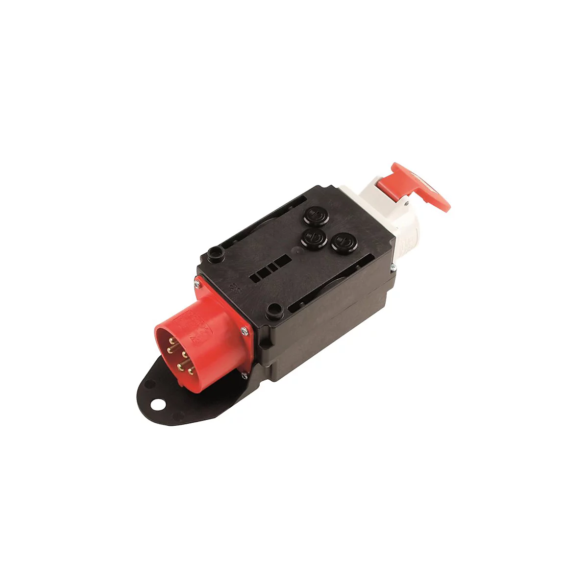 Industrie-Steckvorrichtung mit schwarzem Gehäuse und rotem Stecker auf weißem Hintergrund.