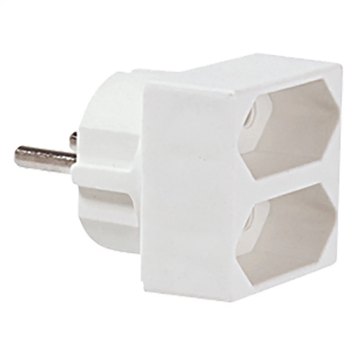 Ein weißer Doppelstecker-Adapter mit zwei Steckplätzen für Schutzkontaktstecker auf weißem Hintergrund.