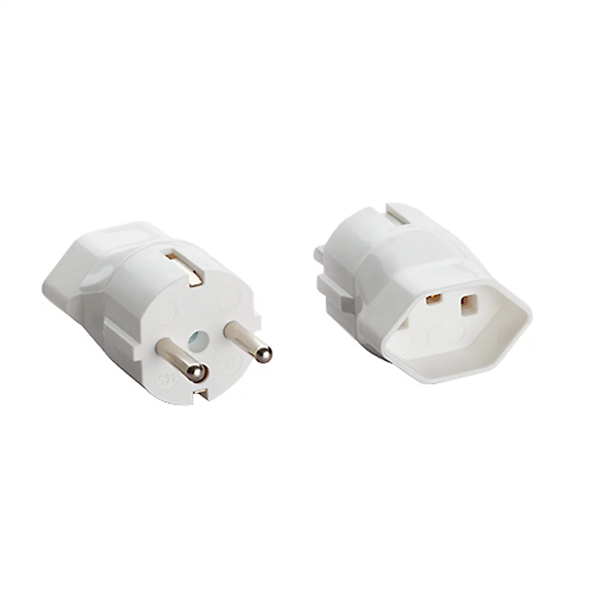 Zwei weiße Schuko-Stecker und -Kupplungen auf weißem Hintergrund.