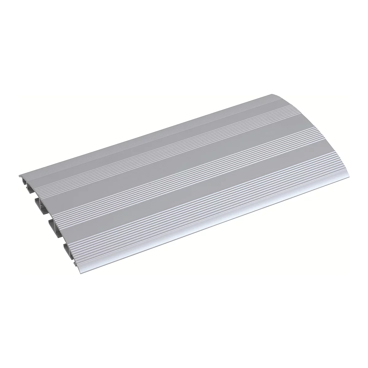 Flaches, silbernes Aluminium-Profil mit Längsrillen zur Bodenbefestigung.