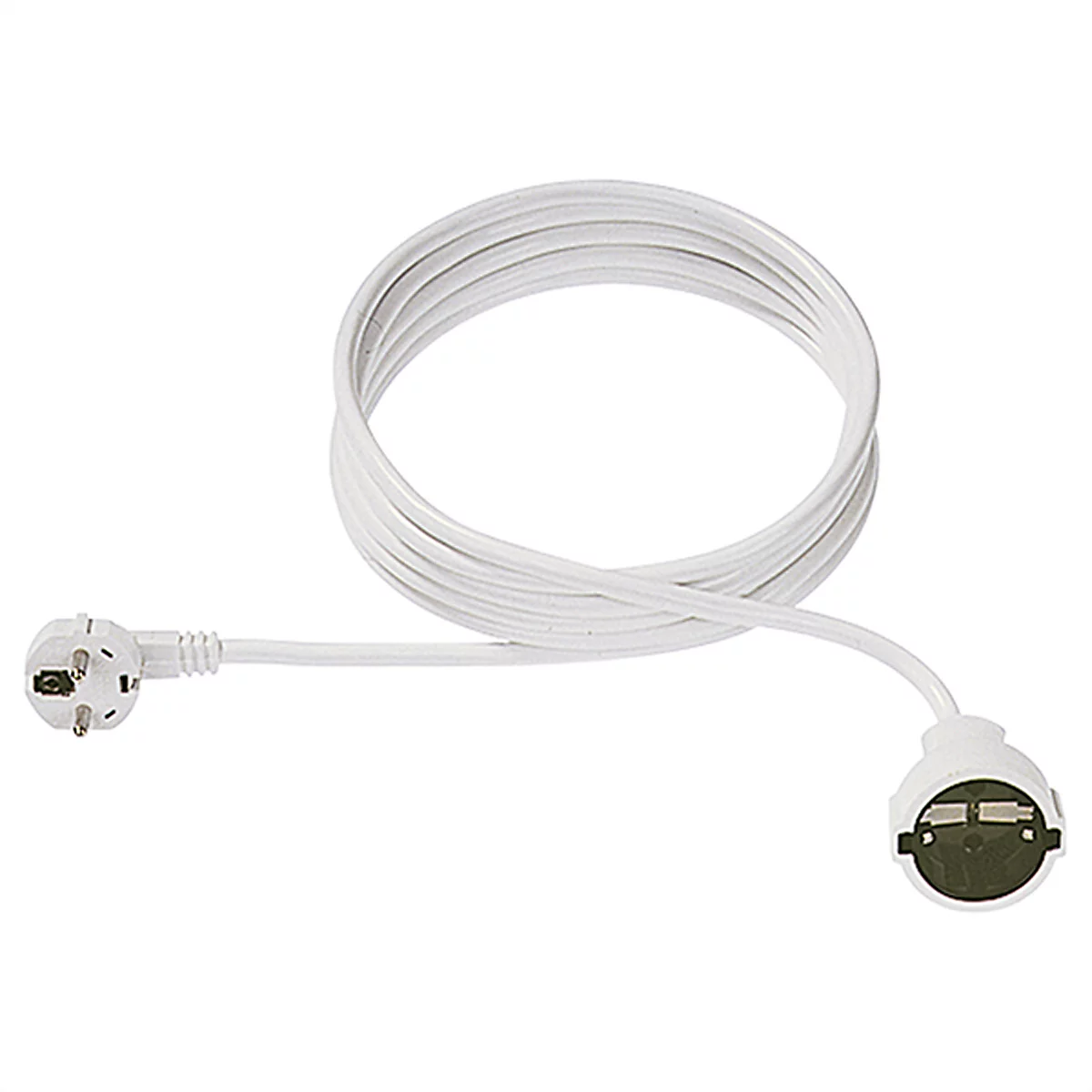 Weißes Verlängerungskabel mit Schutzkontaktstecker und Kupplung vor weißem Hintergrund.