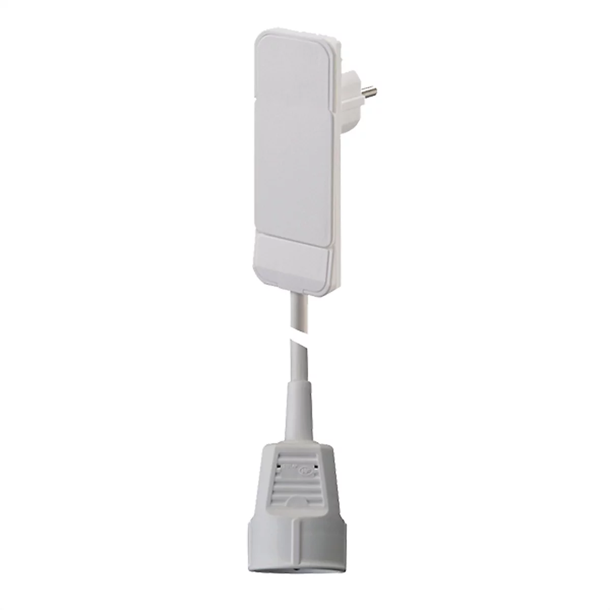 Flacher weißer Schutzkontakt-Stecker mit kurzem Kabel und Steckdosenkupplung.